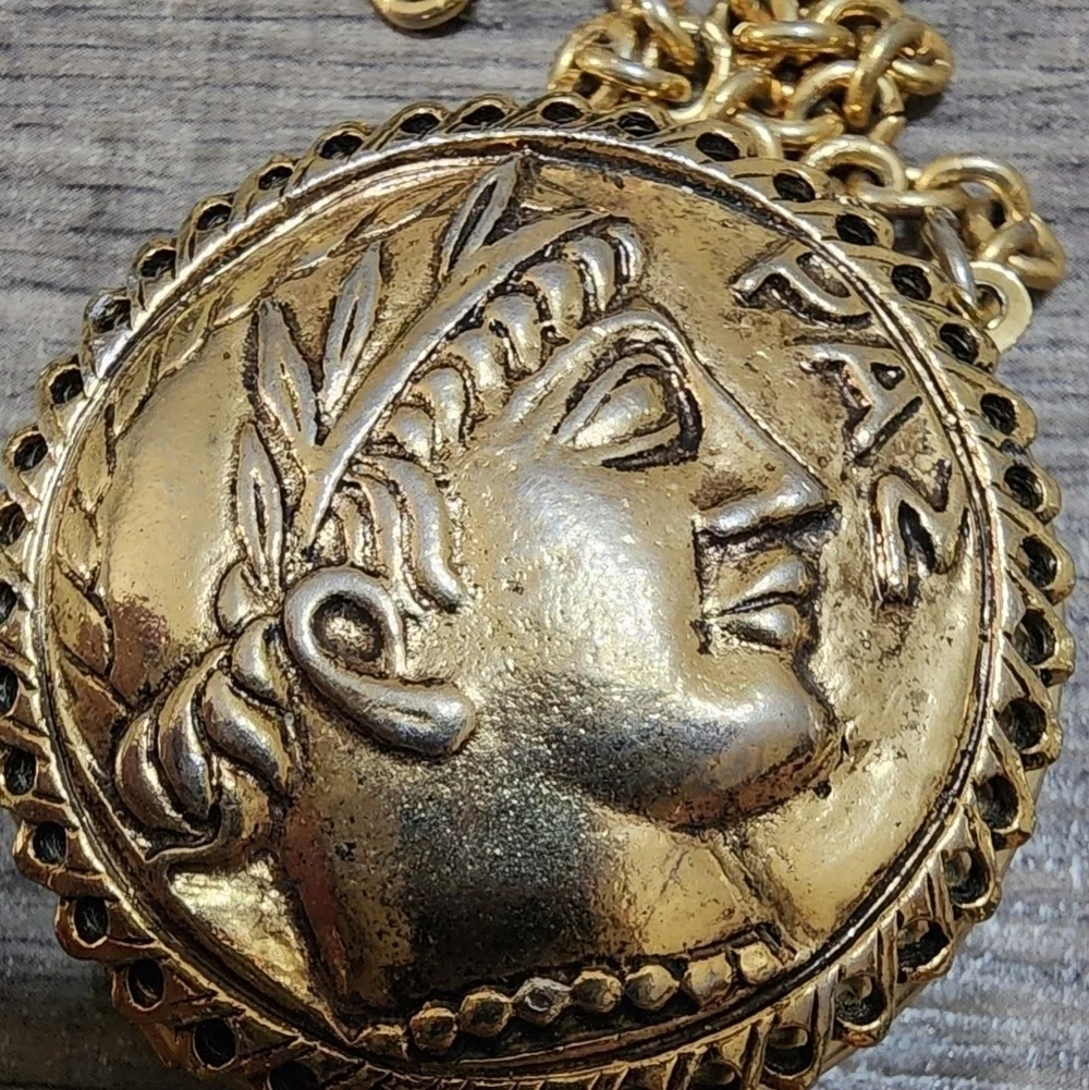 Vintage Roman Solider Coin Style Pendant Necklace, Gold Tone Locket